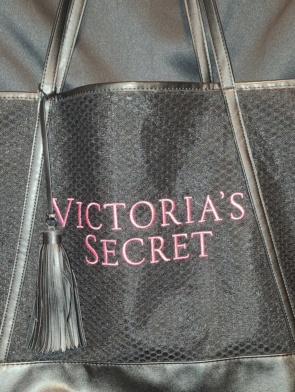 Victoria's Secret Black Tote with Pink Logo and Tassel - Picture 2 of 8